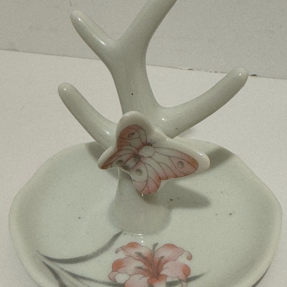Vintage Jasco Porcelain Trinket Ring Holder Pink Gray Butterfly Floral Design - Picture 4 of 8
